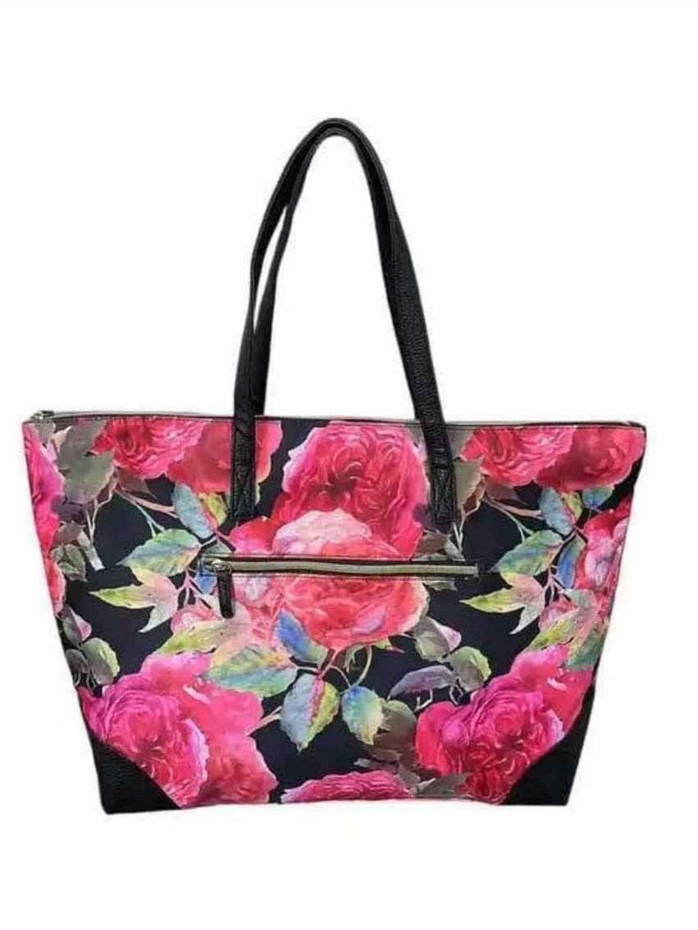 Black Floral Tote Bag with Pink Rose Print